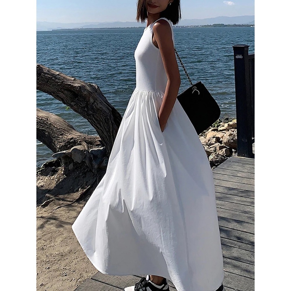 Commense White Sleeveless Midi Dress A-Line Summer Dress Pockets Size M - Picture 4 of 12